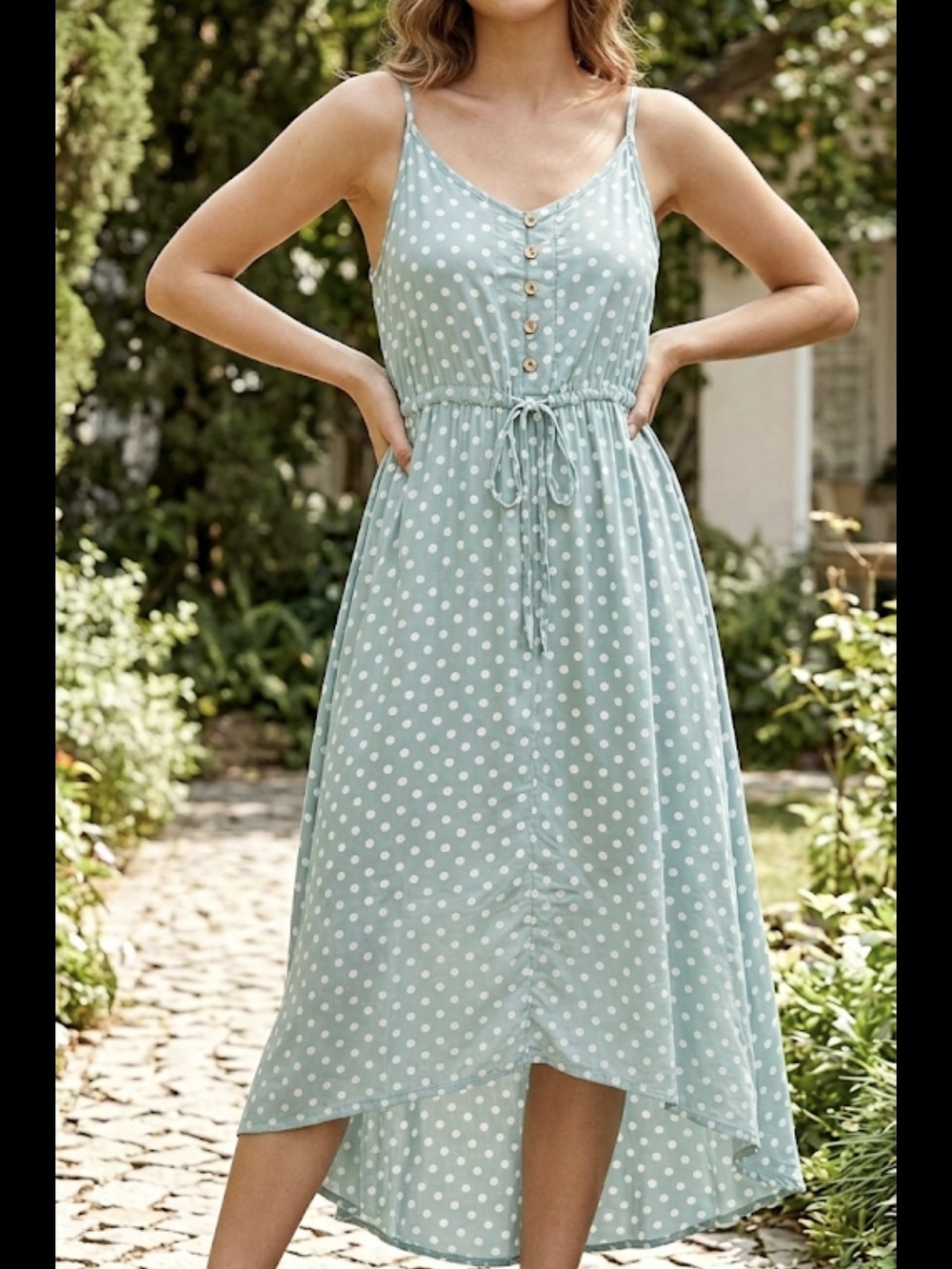 Light Blue Polka Dot Spaghetti Strap Midi Dress